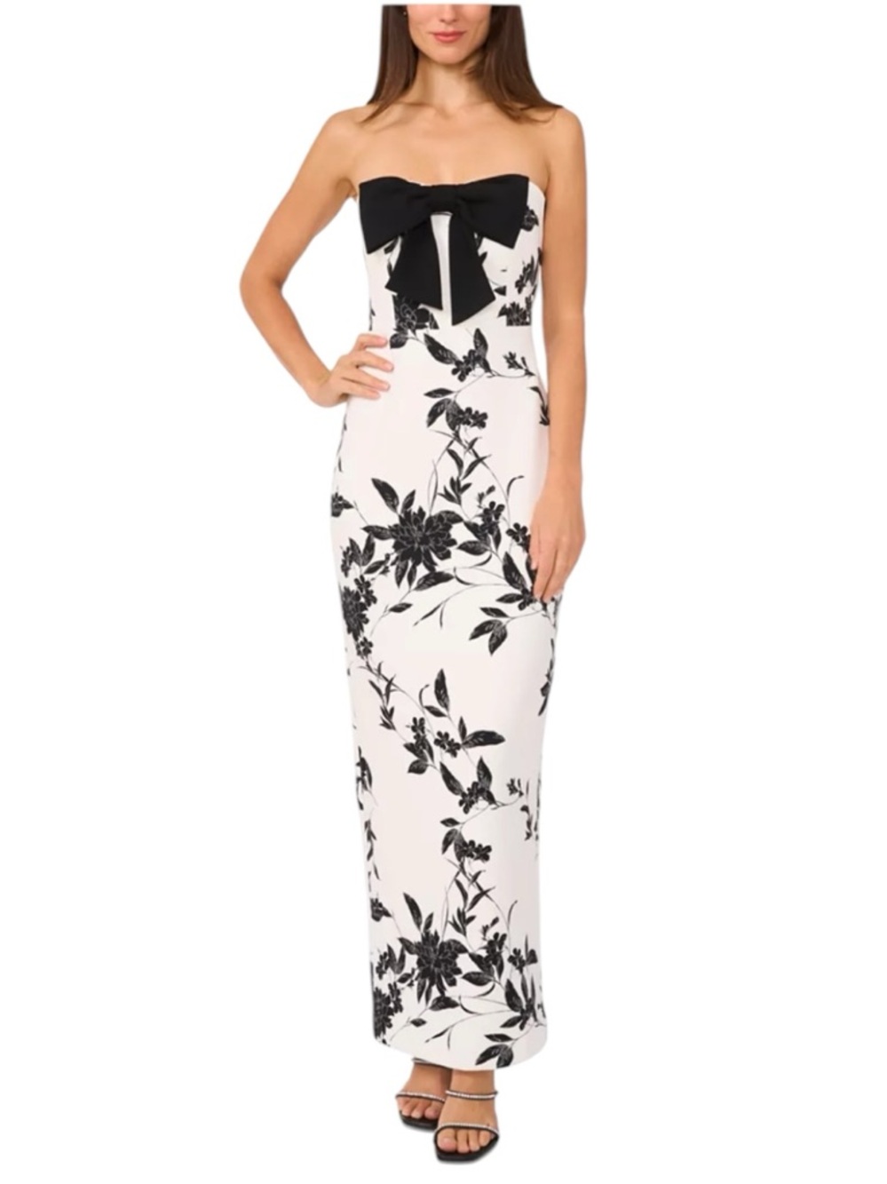 NWT CeCe Black & White Strapless Bow-Trim Scuba Floral Print Maxi Dress